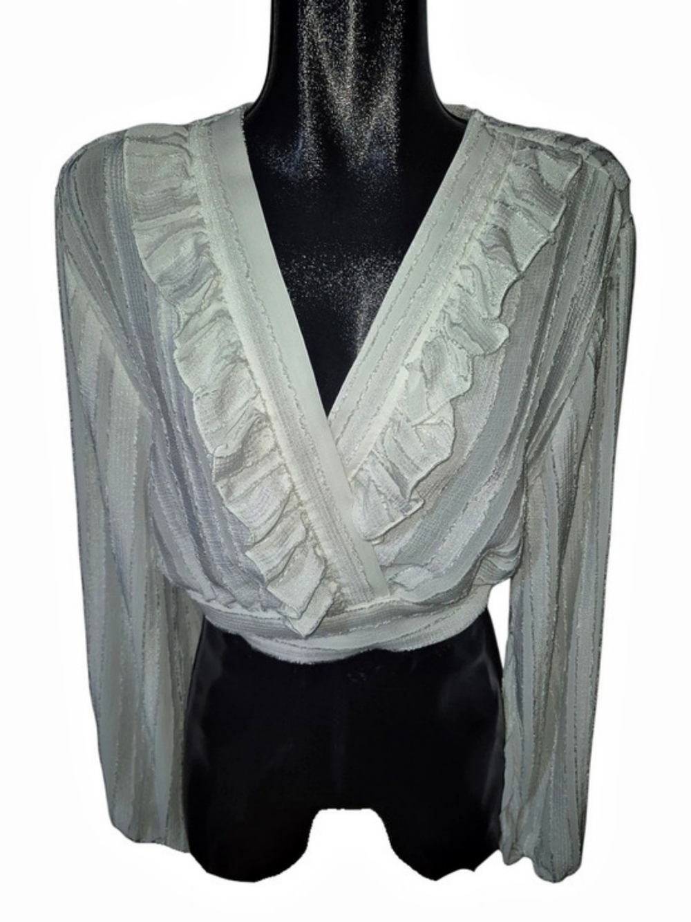 White V-Neck Ruffle Trim Long Puffed Sleeve Cropped Wrap Blouse Size 4XL